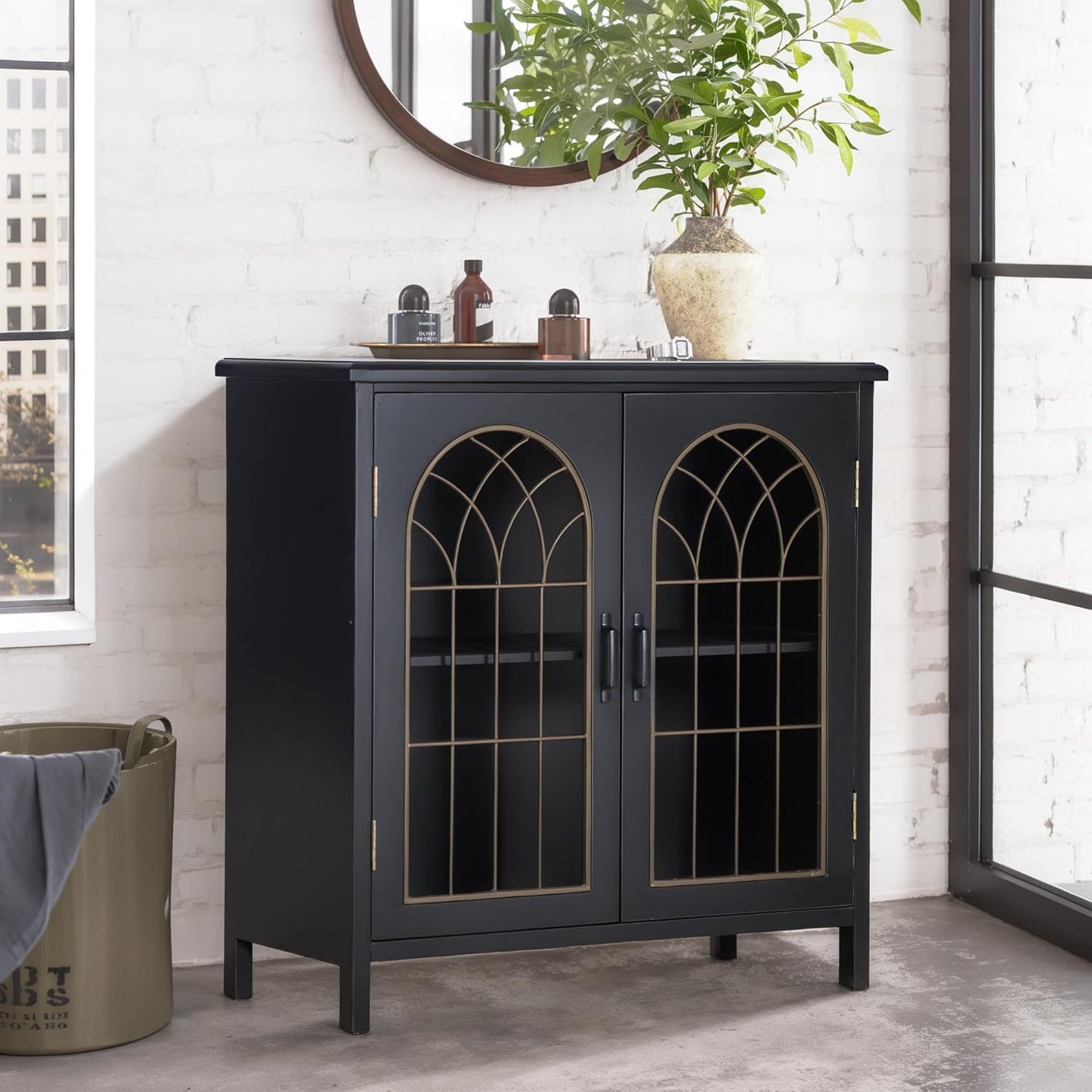 MAISON ARTS Accent Cabinet with 2 Doors and 1 Shelf, Farmhouse Boho Storage Cabinet with Solid Wood Frame, Small Buffet Sideboard for Living Room Entryway, Holds Up to 245lbs