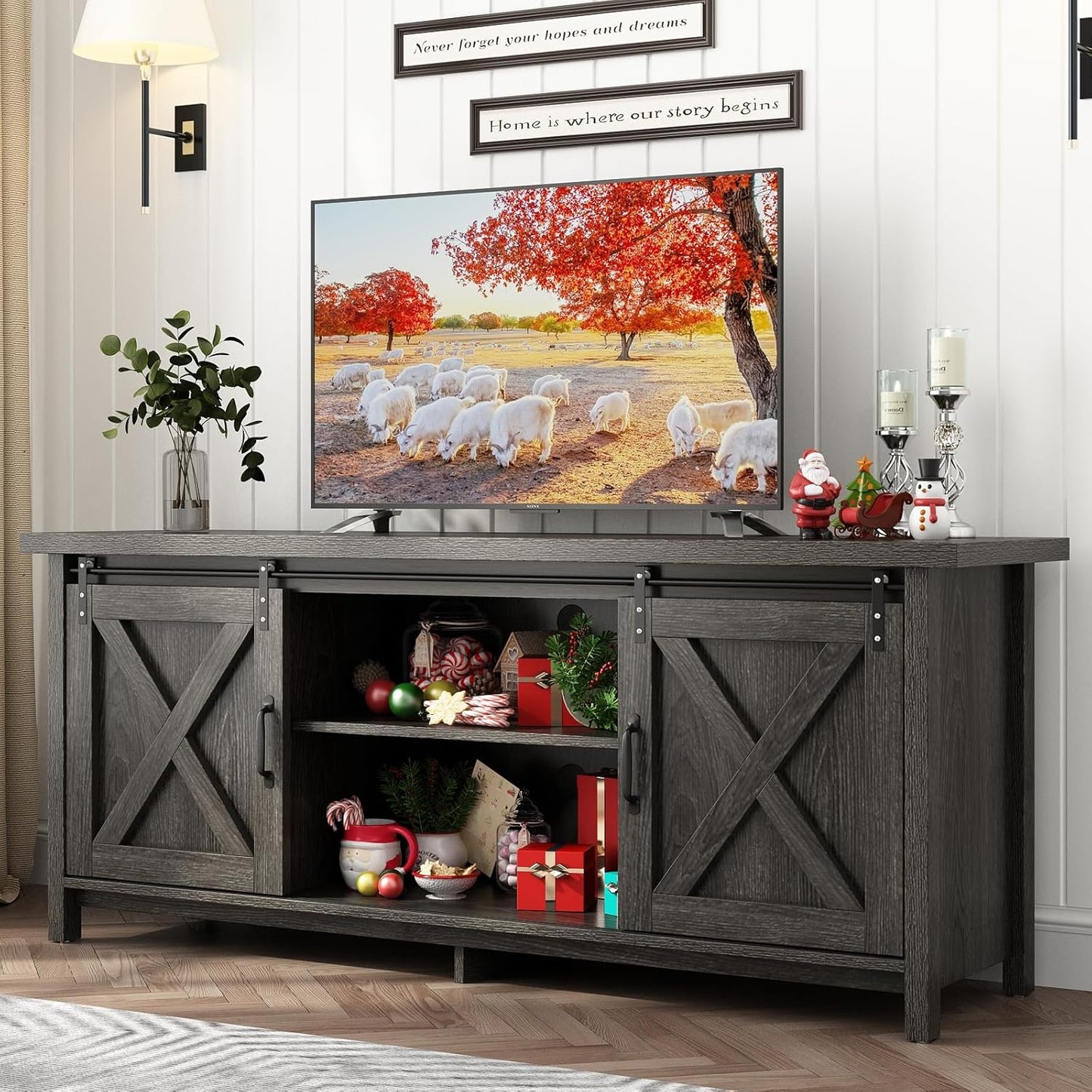 Farmhouse TV Stand for 55-65in TV with Adjustable Shelves & Sliding Barn Door - Rustic, Wooden Entertainment Center & Media Cabinet for Bedroom, Living Room (Dark Brown, 58in)