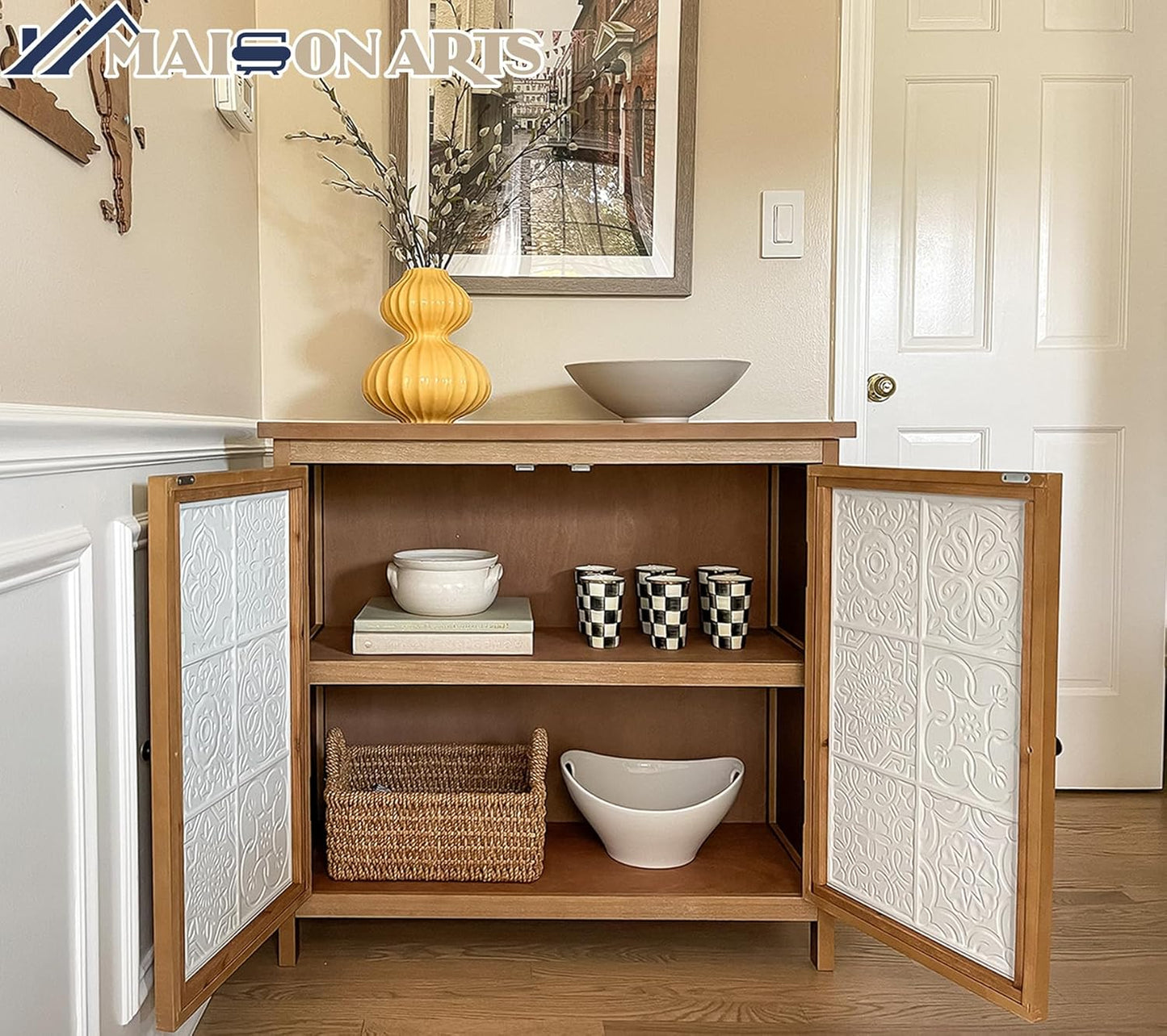 MAISON ARTS Accent Cabinet with 2 Doors and 1 Shelf, Farmhouse Boho Storage Cabinet with Solid Wood Frame, Small Buffet Sideboard for Living Room Entryway, Holds Up to 245lbs