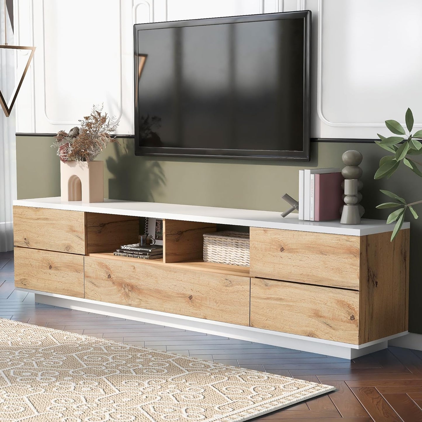 Modern TV Stand with 3 Cabinets & Open Shelves, Minimalist Wooden Entertainment Center for TVs Up to 80”, Sturdy TV Console for Living Room Bedroom Decor (Wood)