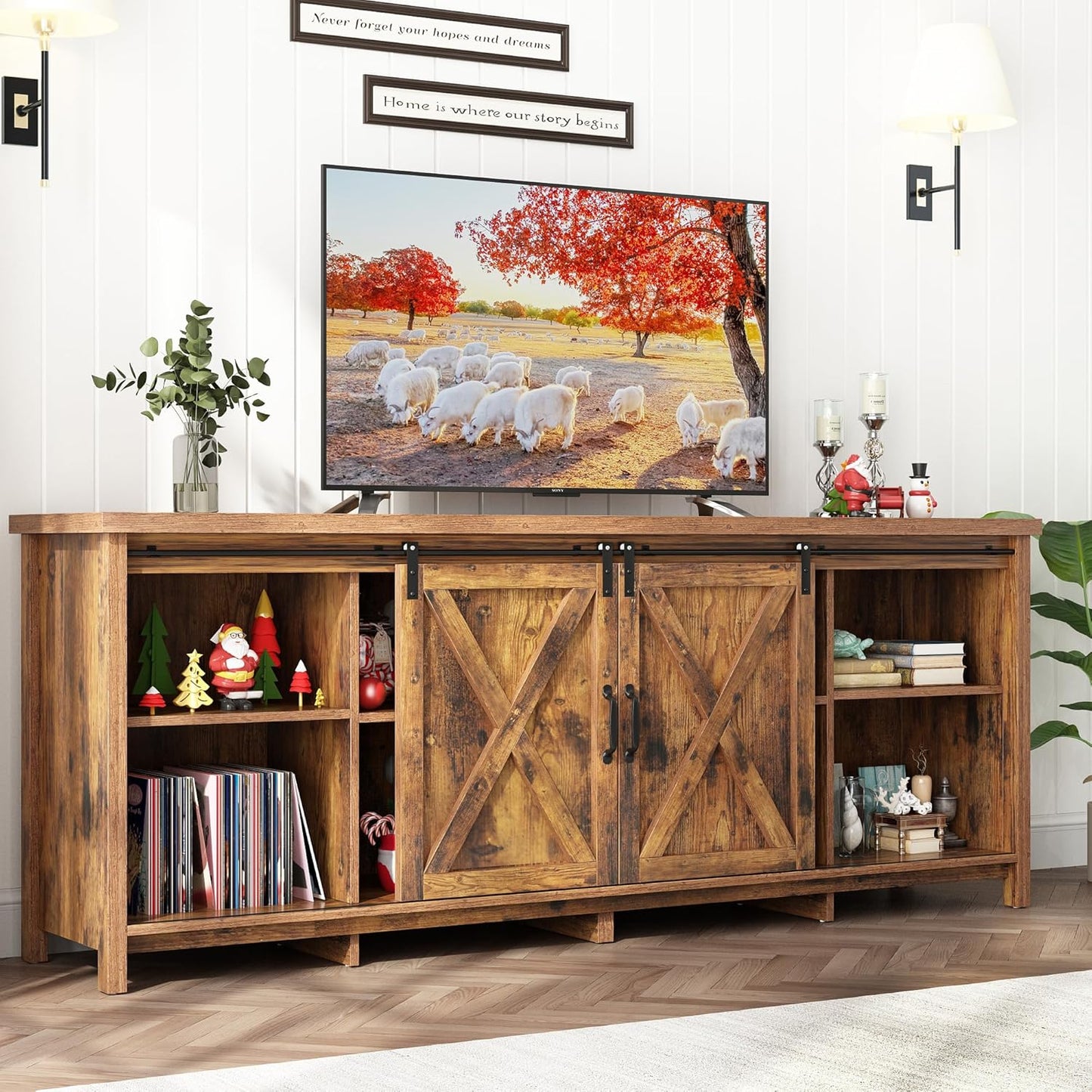 Farmhouse TV Stand for 55-65in TV with Adjustable Shelves & Sliding Barn Door - Rustic, Wooden Entertainment Center & Media Cabinet for Bedroom, Living Room (Dark Brown, 58in)