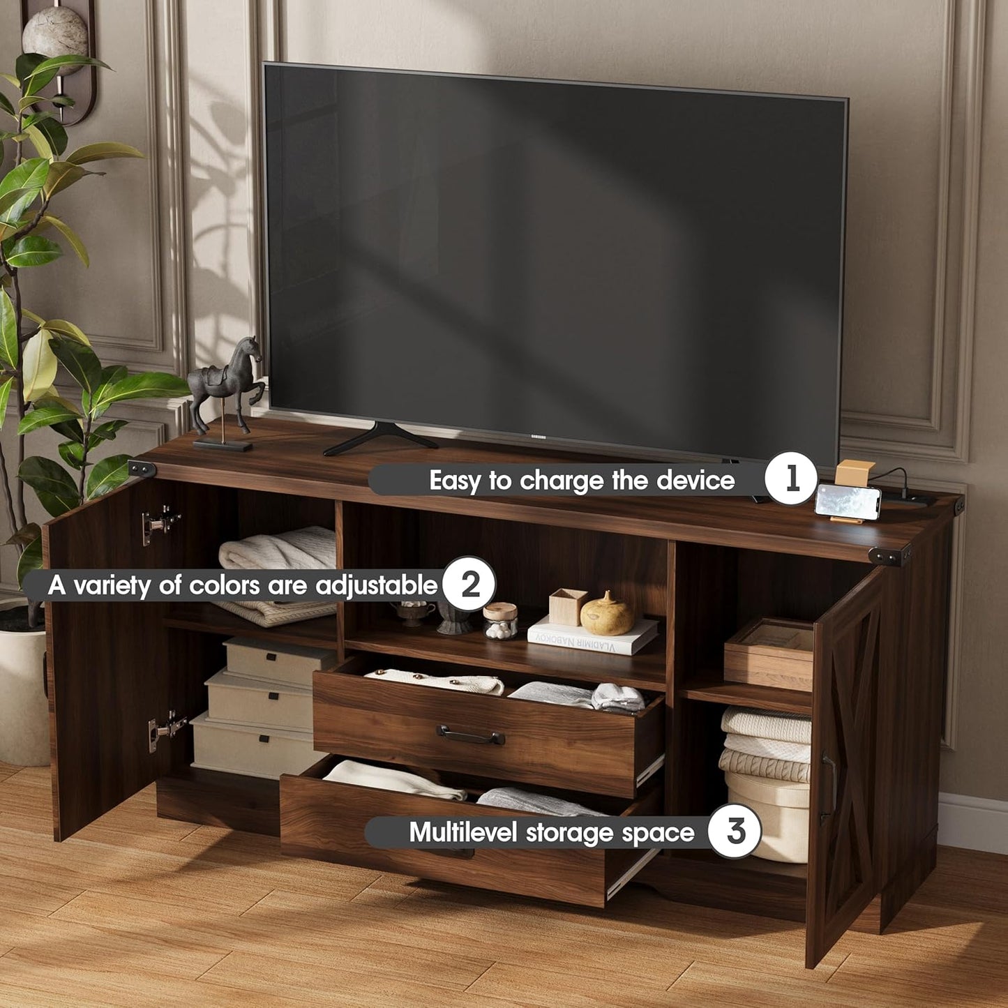 Maupvit Farmhouse TV Stand for 65 Inch TV,Under TV Cabinet with Storage,TV Table with Drawers,58.3" TV Media Console,Wooden TV Stands for Living Room Bedroom,Walnut