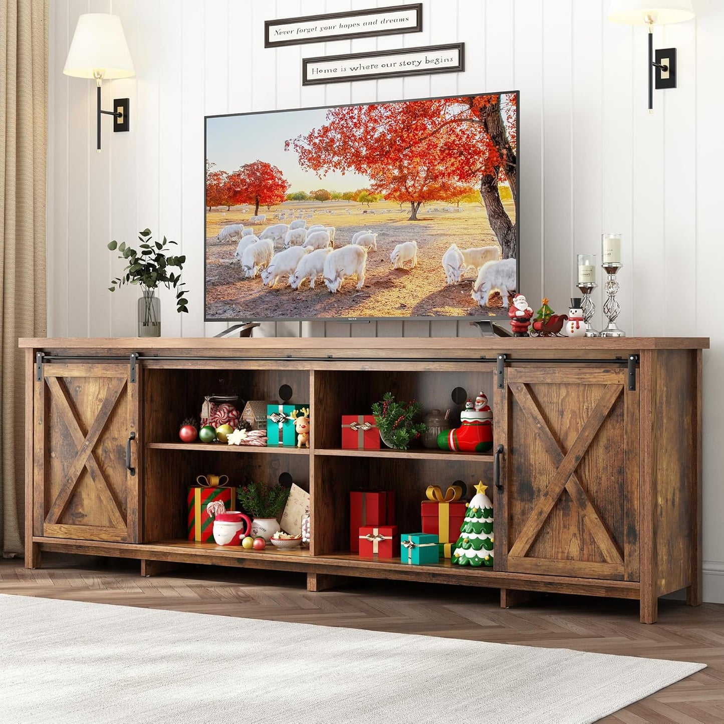Farmhouse TV Stand for 55-65in TV with Adjustable Shelves & Sliding Barn Door - Rustic, Wooden Entertainment Center & Media Cabinet for Bedroom, Living Room (Dark Brown, 58in)