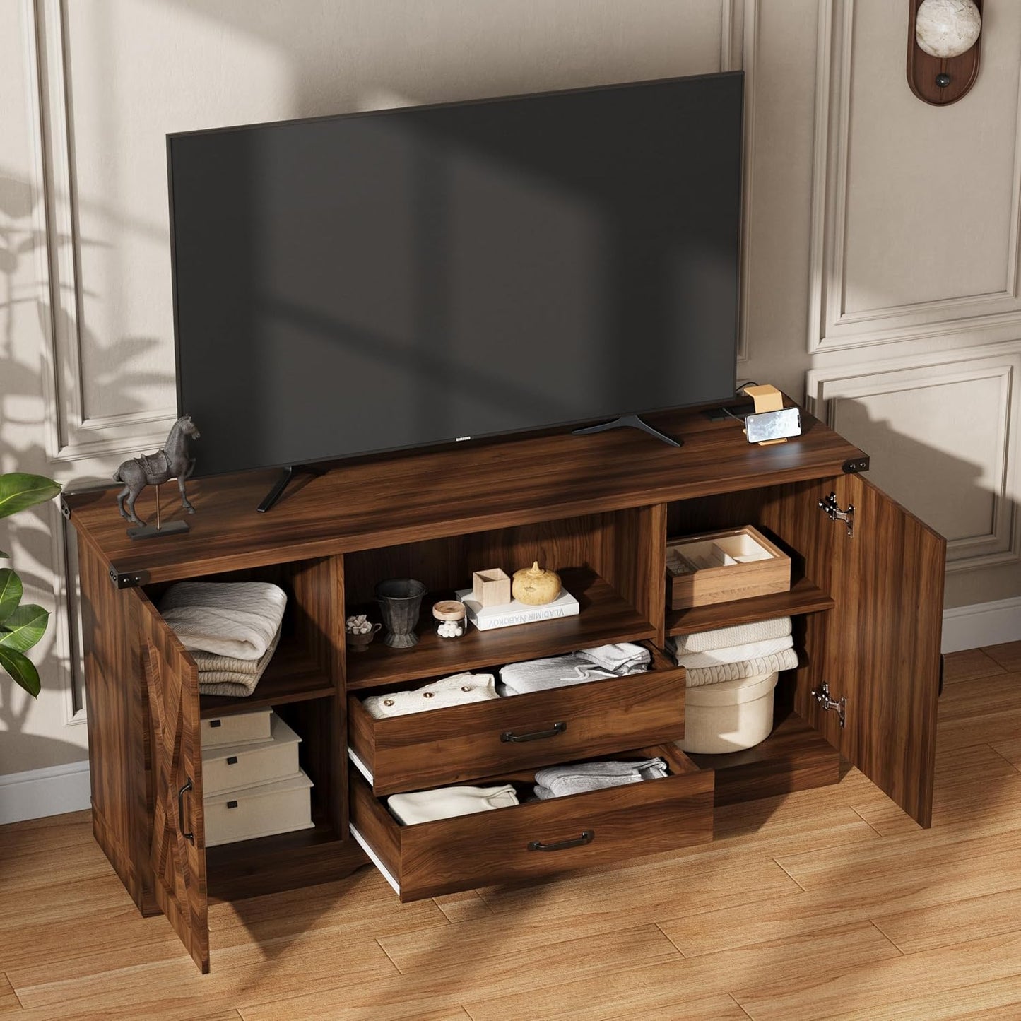 Maupvit Farmhouse TV Stand for 65 Inch TV,Under TV Cabinet with Storage,TV Table with Drawers,58.3" TV Media Console,Wooden TV Stands for Living Room Bedroom,Walnut