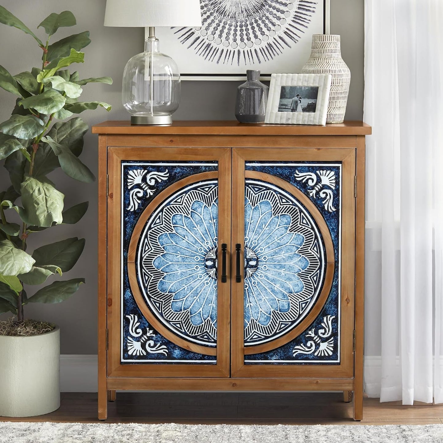 MAISON ARTS Accent Cabinet with 2 Doors and 1 Shelf, Farmhouse Boho Storage Cabinet with Solid Wood Frame, Small Buffet Sideboard for Living Room Entryway, Holds Up to 245lbs