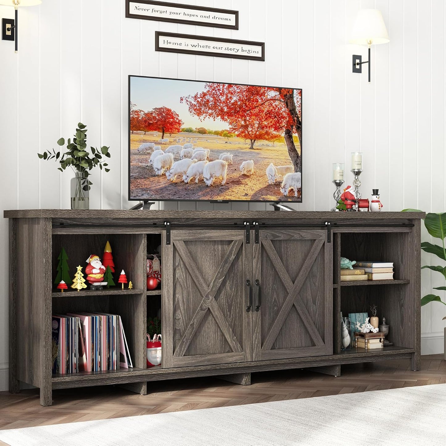 Farmhouse TV Stand for 55-65in TV with Adjustable Shelves & Sliding Barn Door - Rustic, Wooden Entertainment Center & Media Cabinet for Bedroom, Living Room (Dark Brown, 58in)