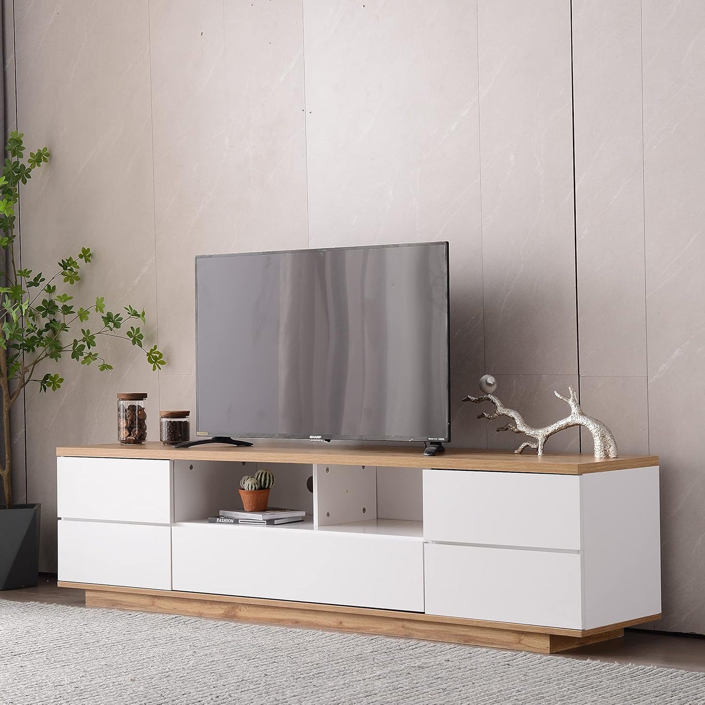 Modern TV Stand with 3 Cabinets & Open Shelves, Minimalist Wooden Entertainment Center for TVs Up to 80”, Sturdy TV Console for Living Room Bedroom Decor (Wood)