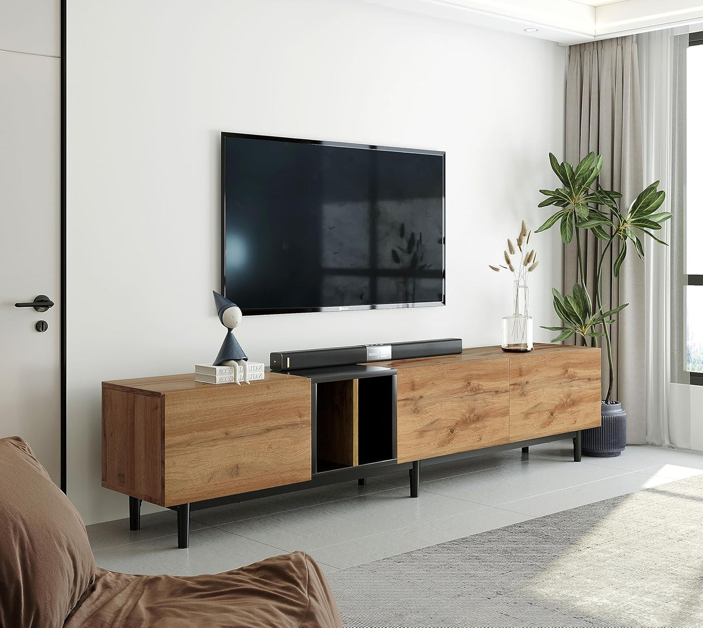 Modern TV Stand with 3 Cabinets & Open Shelves, Minimalist Wooden Entertainment Center for TVs Up to 80”, Sturdy TV Console for Living Room Bedroom Decor (Wood)
