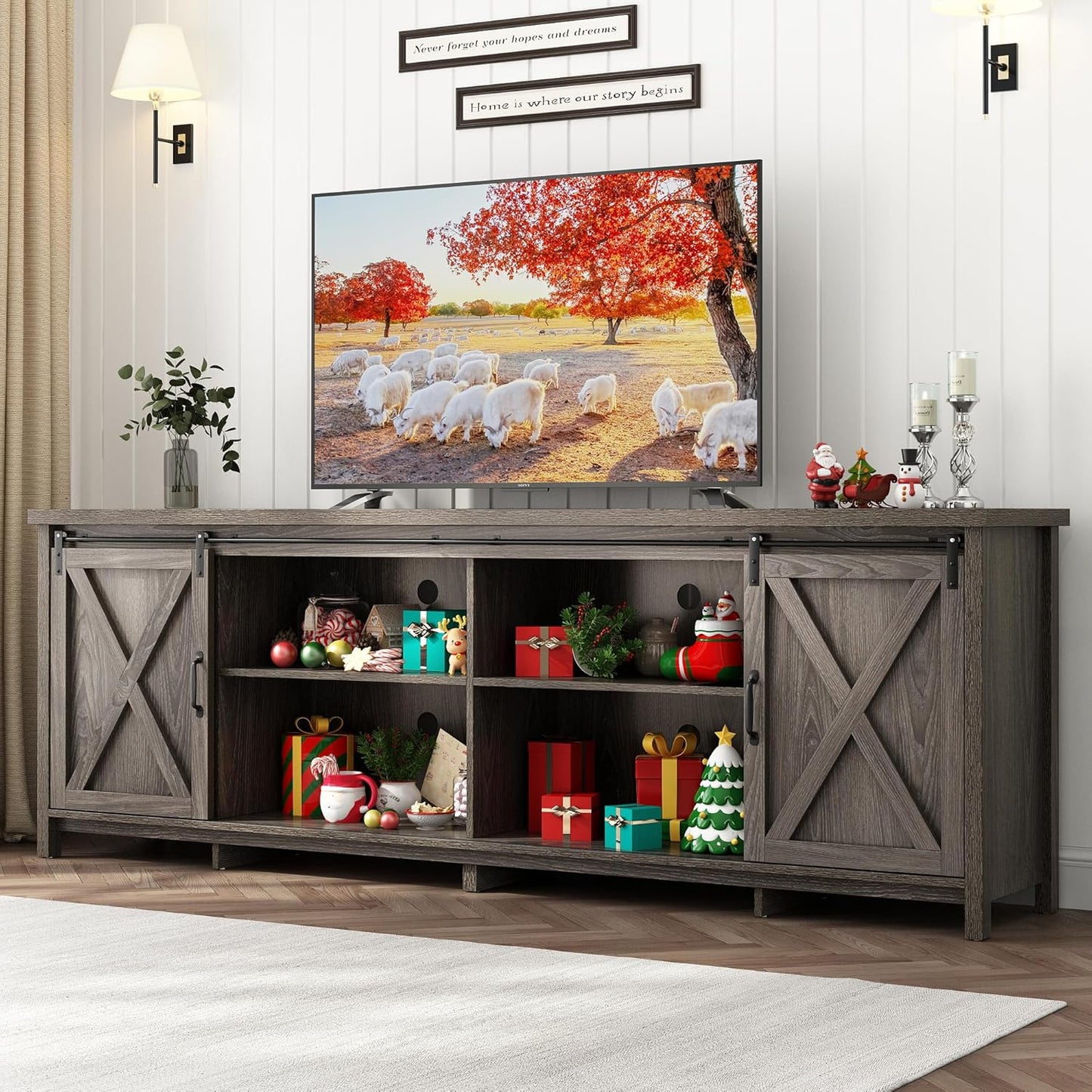 Farmhouse TV Stand for 55-65in TV with Adjustable Shelves & Sliding Barn Door - Rustic, Wooden Entertainment Center & Media Cabinet for Bedroom, Living Room (Dark Brown, 58in)