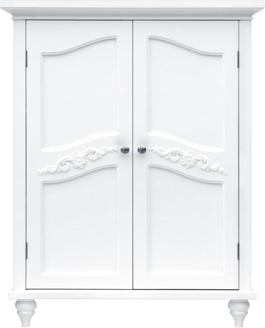 Teamson Home Versailles Wooden Freestanding Floor Storage Cabinet with 2 Adjustable Interior Shelves 3 Storage Spaces and 2 Floral Scroll Doors, White