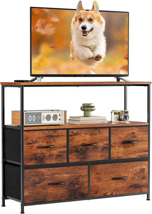 DUMOS TV Stand Dresser for Bedroom with 5 Fabric Drawer,Entertainment Center for 45 inch Television, Media Console Table with Storage, Open Shelf, Adjustable Feet, Living Room Furniture, Brown