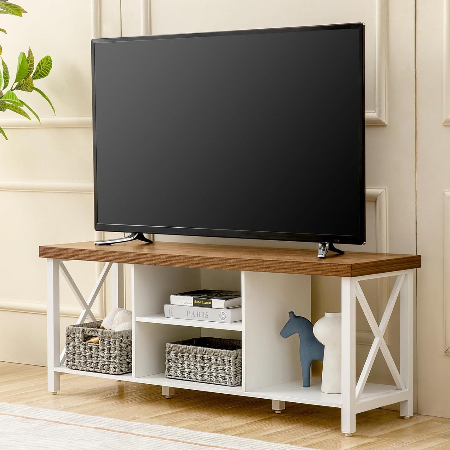 GAZHOME TV Stand for TV up to 55 Inches, TV Cabinet with Open Storage, TV Console Unit with Shelving for Living Room, Entertainment Room, Rustic Brown