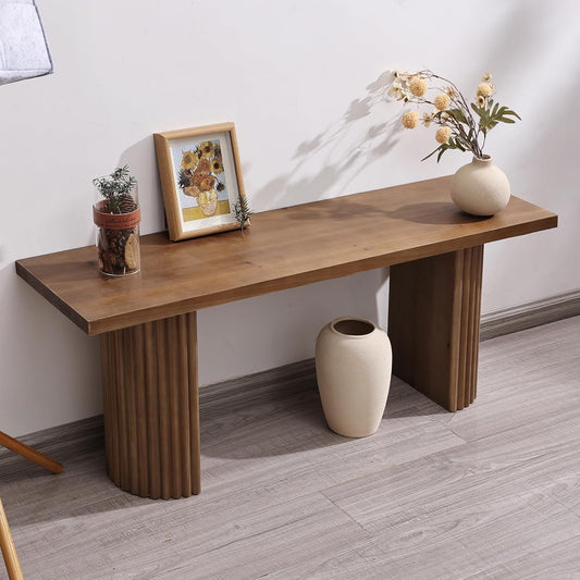 Fluted Wood Bench, 43" Farmhouse Solid Wood Bench Seat for Entryway, Dining Room, Indoors, Semicircular Leg, Easy Assembly, Natural