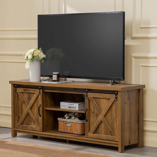 GAZHOME Modern Farmhouse TV Stand with Sliding Barn Doors, Media Entertainment Center Console Table for TVs up to 65”,2-Tier Large Storage Cabinets,Rustic TV Stand for Living Room Bedroom,Brown