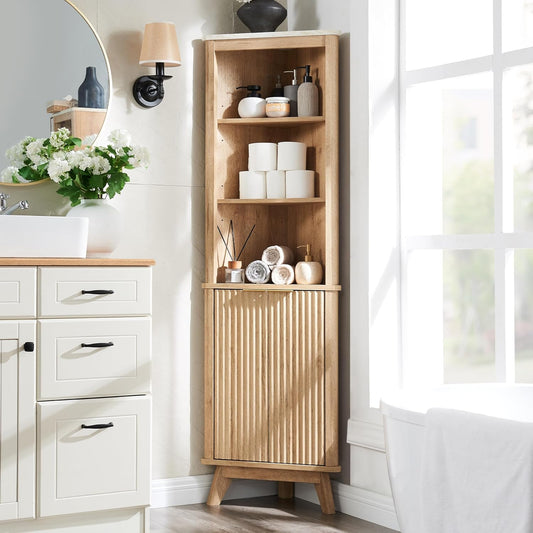RedLemon 68" Tall Corner Cabinet, Modern Fluted Storage Cabinet with Faux Marble Top & Adjustable Shelves, Curved Profile Design, Space Saver for Bathroom, Living Room, Kitchen, Natural Oak Color