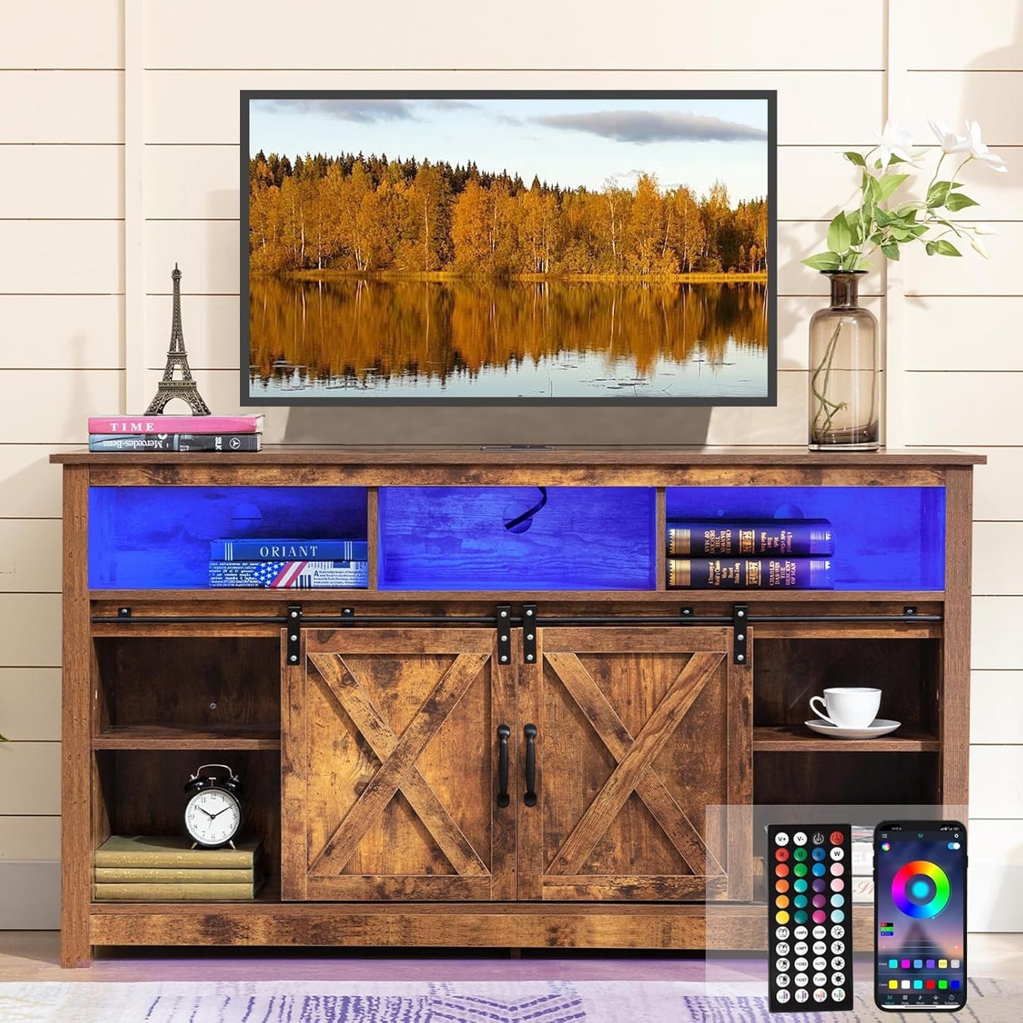 Vinctik 6&Fox 57” Wooden Farmhouse TV Stand for 60/65 inch TV,Double Layer Storage Entertainment Center TV Console Table,w Double-Row Sockets and 2 Sliding Barn Door,Media Cable Box(Grey Wash)