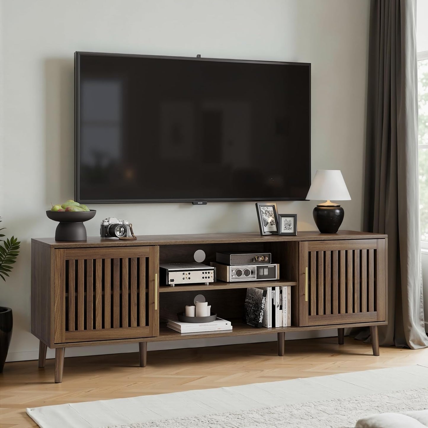 Smuxee Walnut TV Stand with Line Groove Design, 47.2" Mid Century Modern TV Media Console for TVs up to 55", TV Cabinet with Adjustable Shelf & 2 Cabinets for Living Room