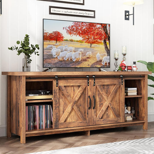 Farmhouse TV Stand for 55-65in TV with Adjustable Shelves & Sliding Barn Door - Rustic, Wooden Entertainment Center & Media Cabinet for Bedroom, Living Room (Dark Brown, 58in)