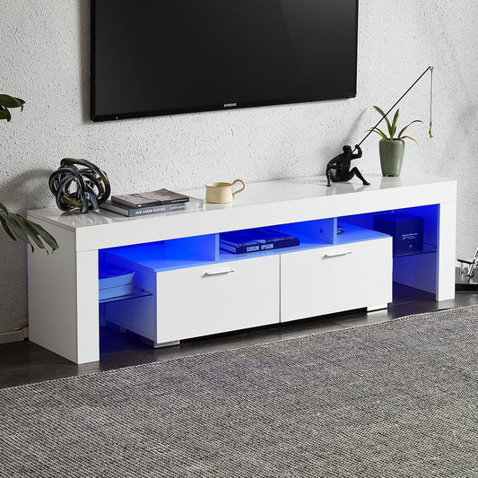 Nrizc LED TV Stand 60-75 inch, Modern Entertainment Center for Living Room, White TV Console with 2 Drawers, Wooden TV Cabinet with Stroage