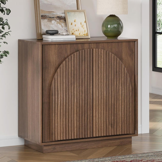 WIN2WIN Fluted Sideboard Buffet Cabinet with Storage, 31.5" Mid Century Modern Accent Cabinet with Double-Layered Arch Door, Small Wood Console Credenza for Dining Living Room Entryway Hallway, Walnut