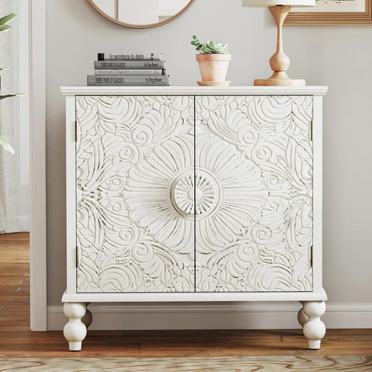 Buffet Cabinet with Storage, Accent Cabinet with 2 Carved Doors, Solid Wood Sideboard with Adjustable Shelf, Vintage Cabinets for Kitchen, Living Room, Entryway, White