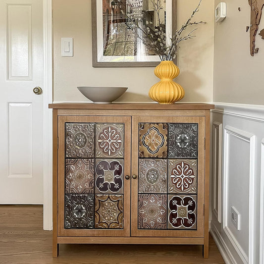 MAISON ARTS Accent Cabinet with 2 Doors and 1 Shelf, Farmhouse Boho Storage Cabinet with Solid Wood Frame, Small Buffet Sideboard for Living Room Entryway, Holds Up to 245lbs