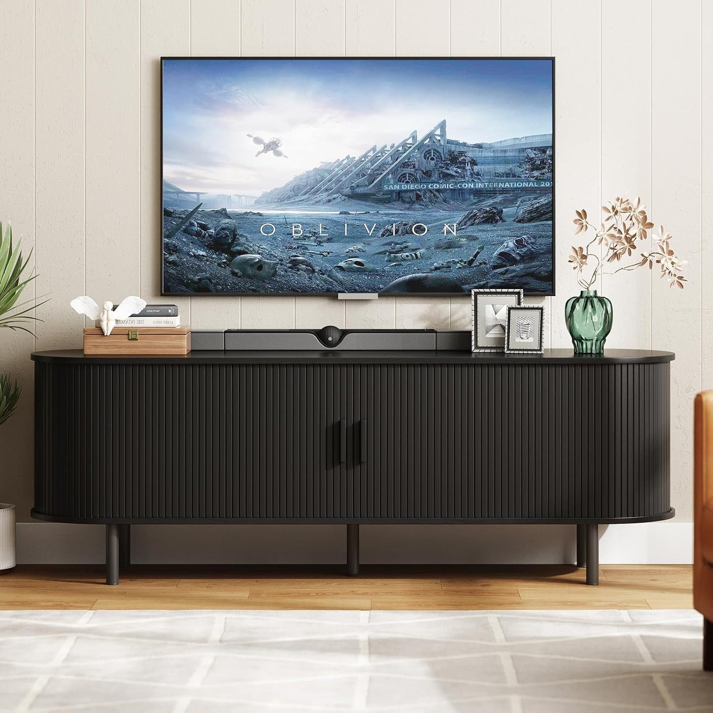 55" TV Stand with Power Outlet for TVs up to 60 Inch, Entertainment Center with Storage and Adjustable Shelves, Modern Media Console with Sliding Doors for Living Room, Walnut