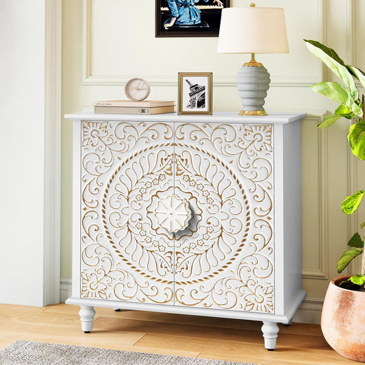 ARTPOWER Accent Cabinet with 2 Doors, Decorative Storage Cabinet with Carved Flower Pattern, White Sideboard Buffet with Storage, Wood Credenza for Entryway, Living Room, Kitchen, Dining Room