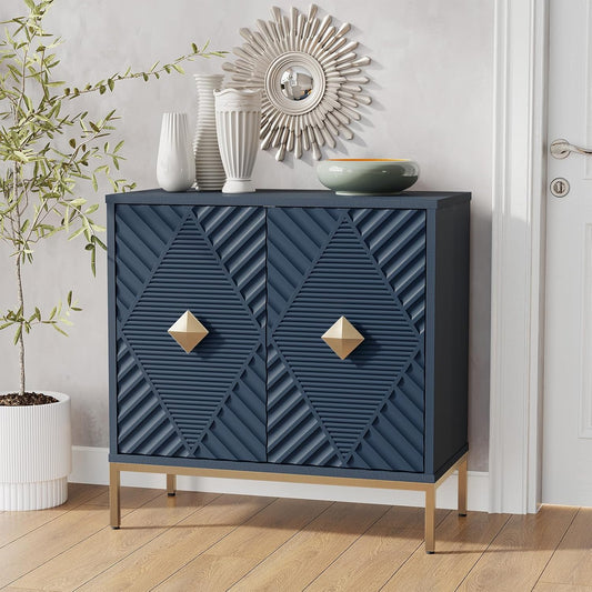 Accent Cabinet with 2 Doors, Blue Sideboard Buffet Cabinet with Storage, Decorative Wood Carved Modern Credenza for Living Room, Entryway, Kitchen