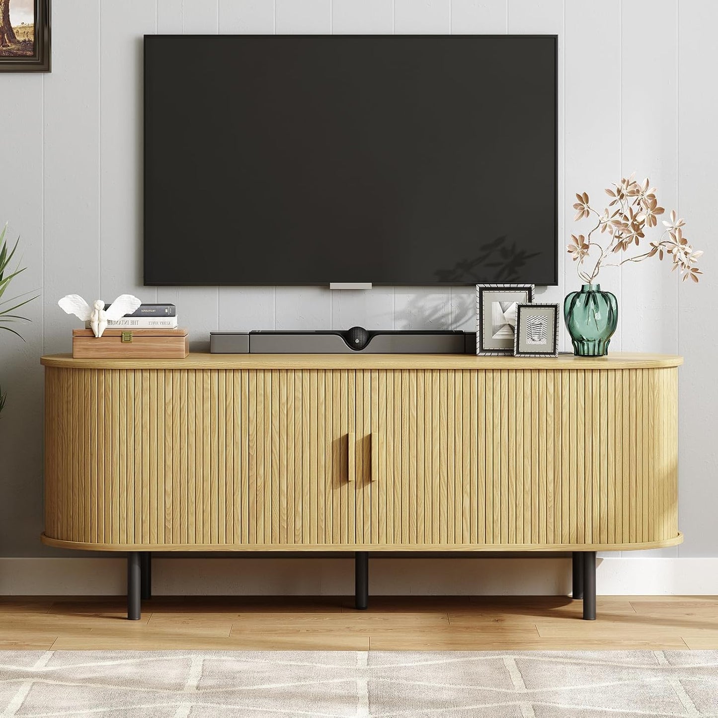 55" TV Stand with Power Outlet for TVs up to 60 Inch, Entertainment Center with Storage and Adjustable Shelves, Modern Media Console with Sliding Doors for Living Room, Walnut
