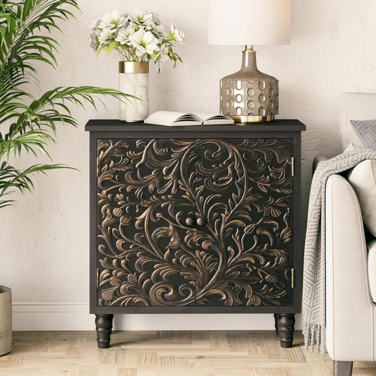 LONYKE 2 Door Farmhouse Storage Cabinet with Embossed Distressed Flower Motif, Vintage Side Table for Living Room, Bedroom, Boho, Black